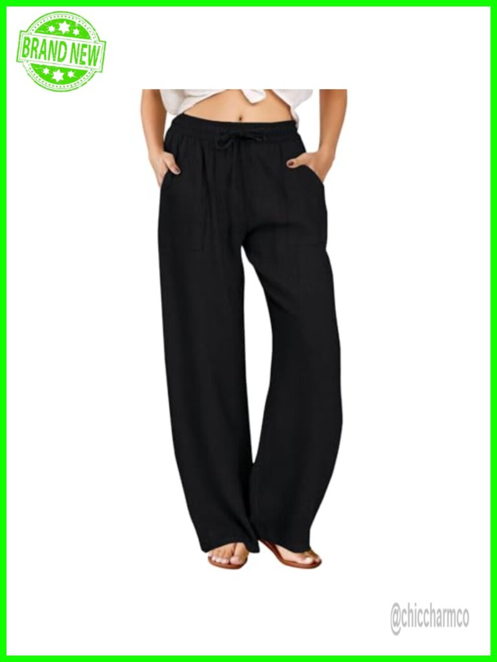 Swan Linen Pants Women Drawstring Elastic Waist Wide Leg Palazzo